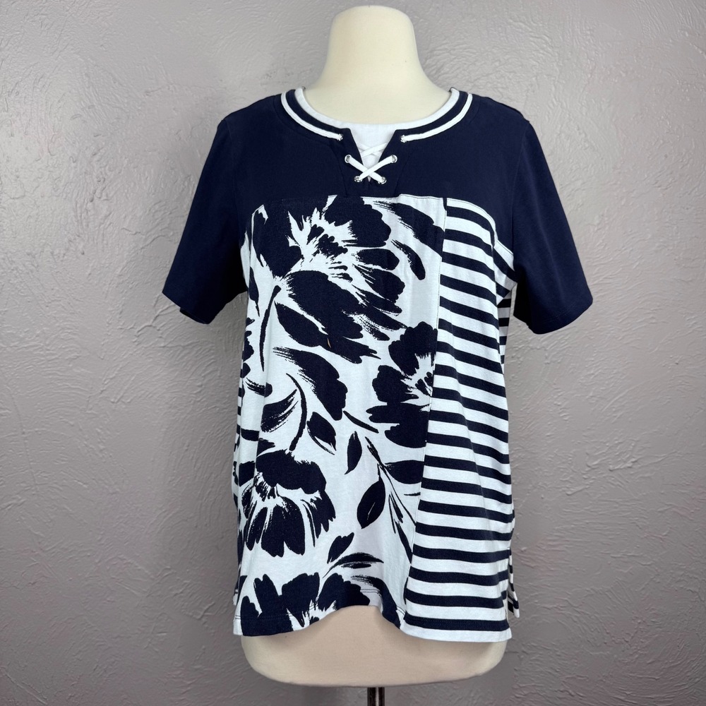 Vtg Alfred Dunner Women med blue white stripe rope lace up Tropical flower